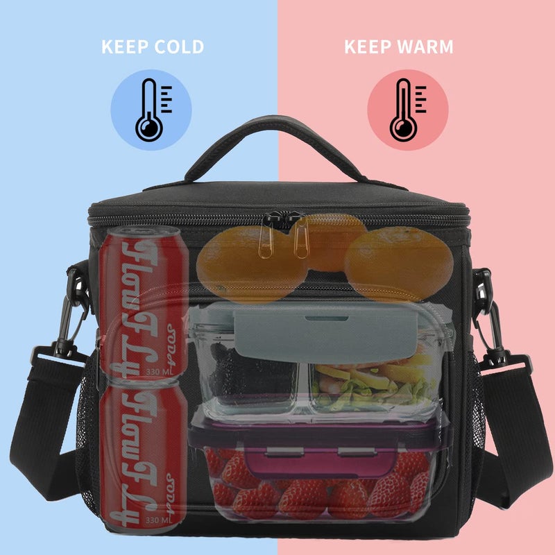FlowFly Insulated Reusable Lunch Bag Adult Large Lunch Box for Women and Men with Adjustable Shoulder Strap,Front Zipper Pocket and Dual Large Mesh Side Pockets, Black - Image 2